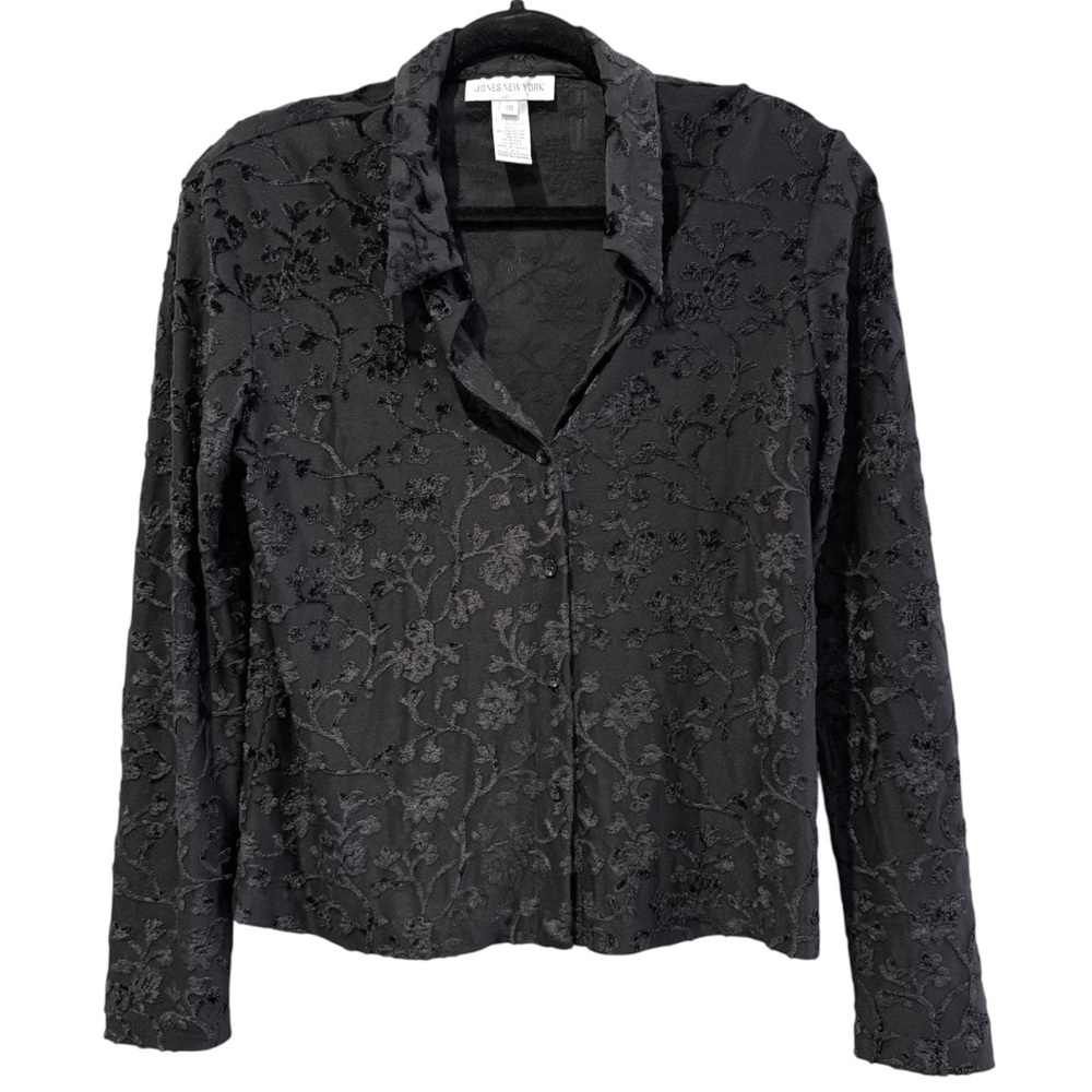 Jones New York Long Sleeve Semi Sheer Floral Button Front Blouse Black Size 10‎